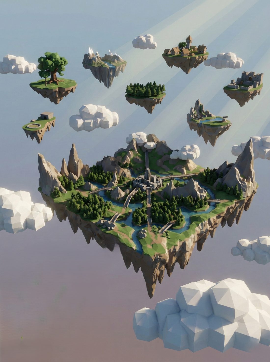 Low poly floating islands with forests, rivers, a castle, and a village drifting among the clouds